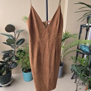 Faith in Love Brown Faux Suede Bodycon Midi Dress Spaghetti Straps Size 10